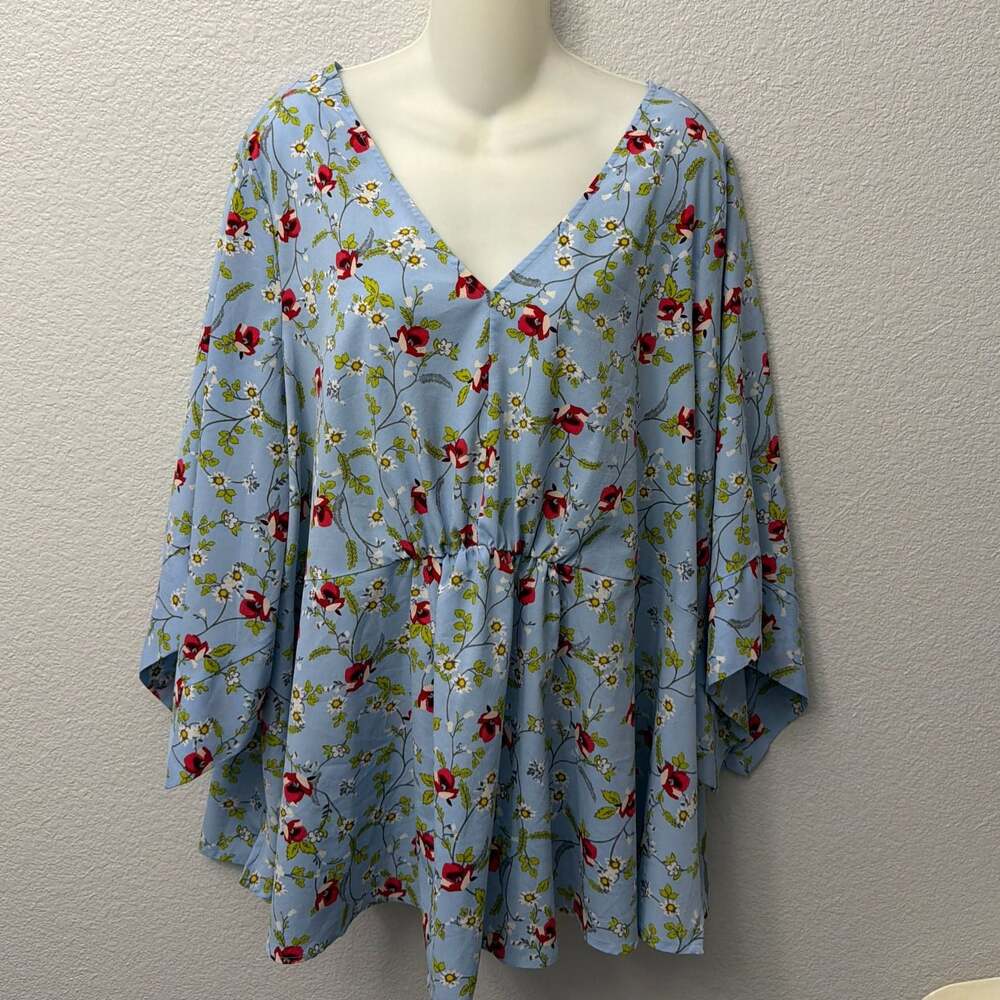 Lane Bryant Blue Floral Print V-Neck Dolman Sleeve Babydoll Blouse Size 18/20